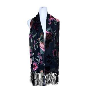 Vintage Silk Rayon Blend Velvet Burnout Oblong Scarf With Fringe Beaded Floral